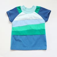 Image 2 of blue green bands shade patchwork ombre baseball sleeve 5T courtneycourtney tee shirt unisex top