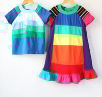 Image 4 of blue green bands shade patchwork ombre baseball sleeve 5T courtneycourtney tee shirt unisex top
