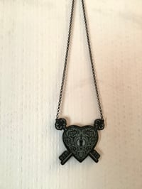 Image 3 of  Heart Padlock and Key Handmade Acrylic Necklace with Filigree Design Goth Alternative Jewellery 