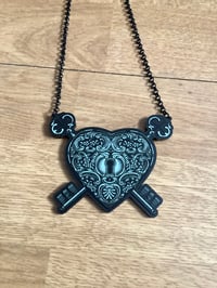 Image 1 of  Heart Padlock and Key Handmade Acrylic Necklace with Filigree Design Goth Alternative Jewellery 