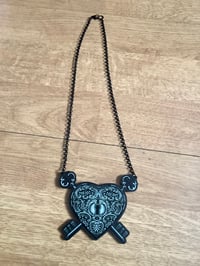 Image 2 of  Heart Padlock and Key Handmade Acrylic Necklace with Filigree Design Goth Alternative Jewellery 