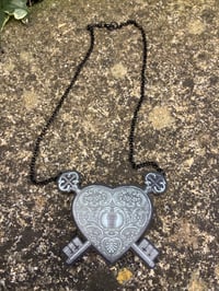 Image 6 of  Heart Padlock and Key Handmade Acrylic Necklace with Filigree Design Goth Alternative Jewellery 