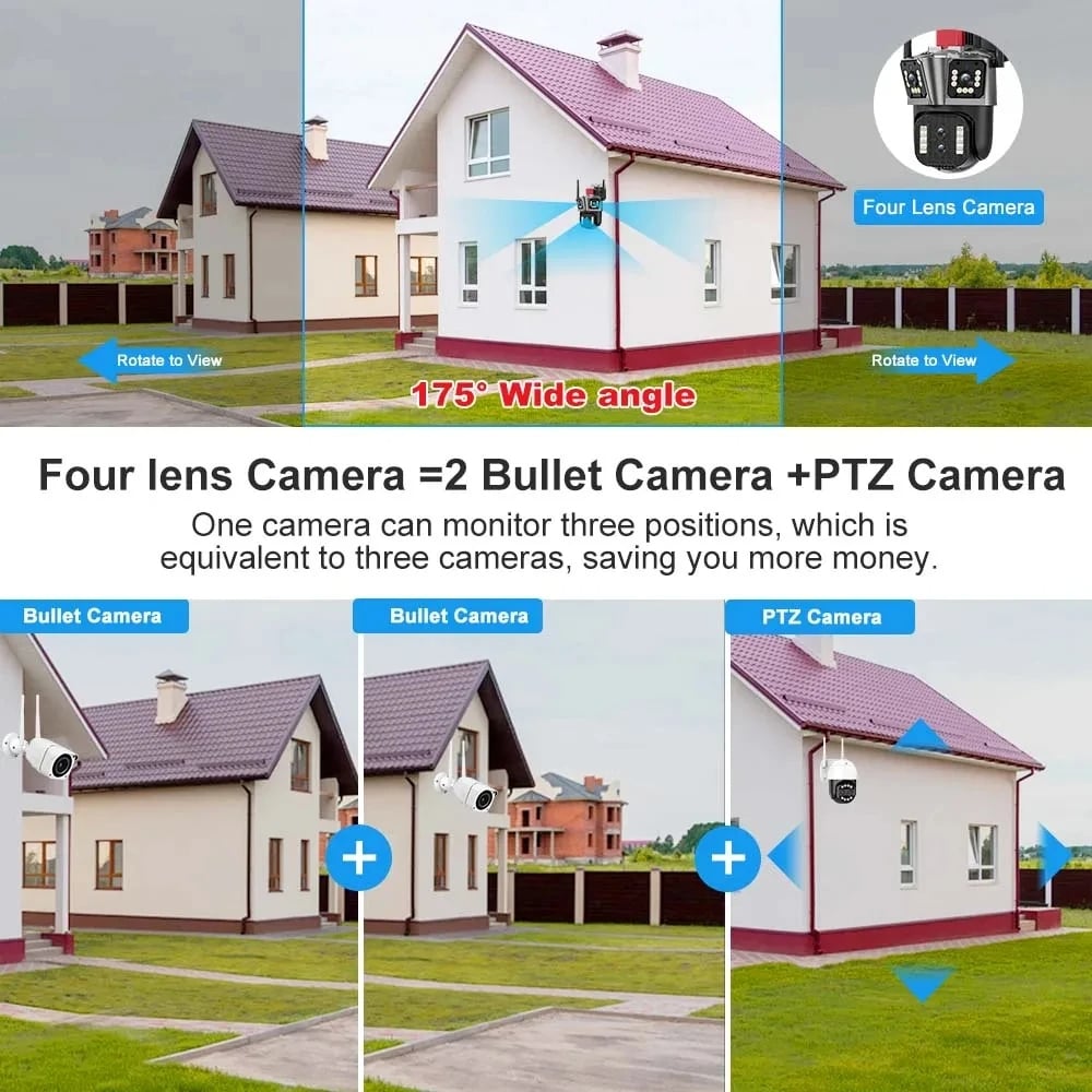16MP 8K PTZ Security Camera - IPC360 Home App, 4 Lenses, 10X Zoom, WiFi, Two-Way Audio