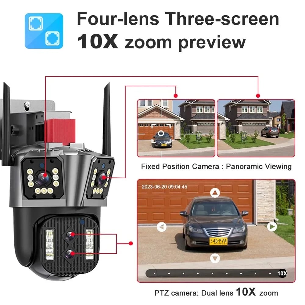 16MP 8K PTZ Security Camera - IPC360 Home App, 4 Lenses, 10X Zoom, WiFi, Two-Way Audio