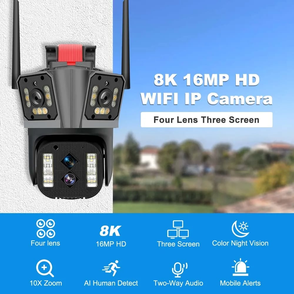 16MP 8K PTZ Security Camera - IPC360 Home App, 4 Lenses, 10X Zoom, WiFi, Two-Way Audio