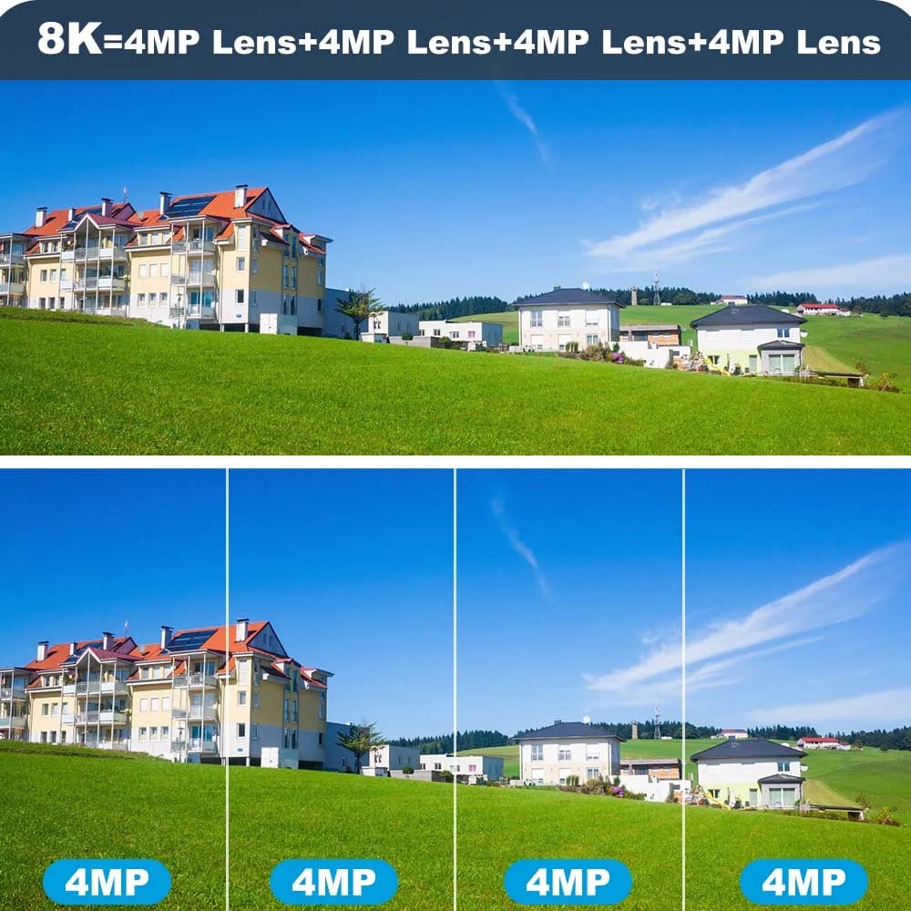 16MP 8K PTZ Security Camera - IPC360 Home App, 4 Lenses, 10X Zoom, WiFi, Two-Way Audio