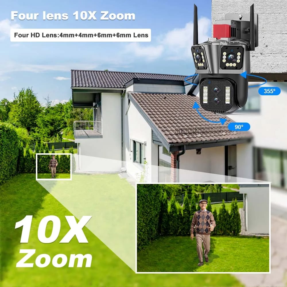 16MP 8K PTZ Security Camera - IPC360 Home App, 4 Lenses, 10X Zoom, WiFi, Two-Way Audio