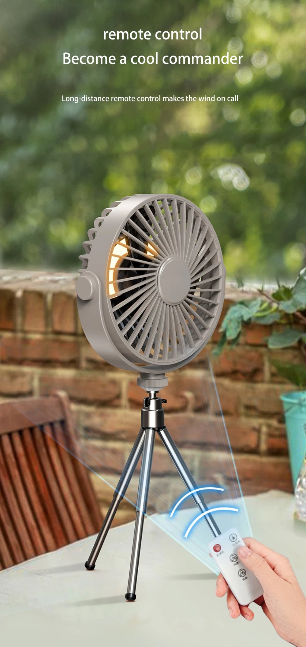 Portable Camping Electric Fan with Remote Control - USB Mini Fan with LED Light, Tripod, and Desktop
