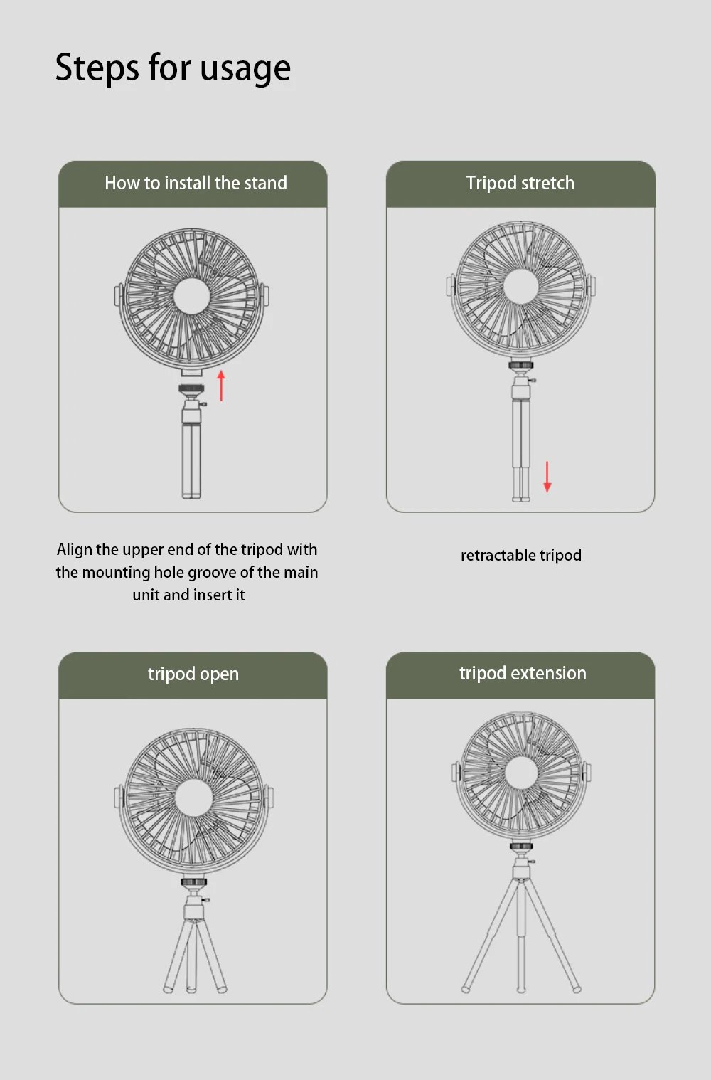 Portable Camping Electric Fan with Remote Control - USB Mini Fan with LED Light, Tripod, and Desktop