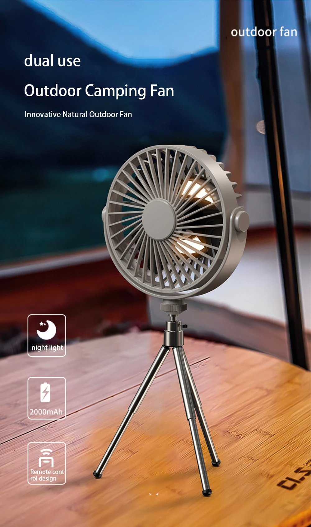 Portable Camping Electric Fan with Remote Control - USB Mini Fan with LED Light, Tripod, and Desktop