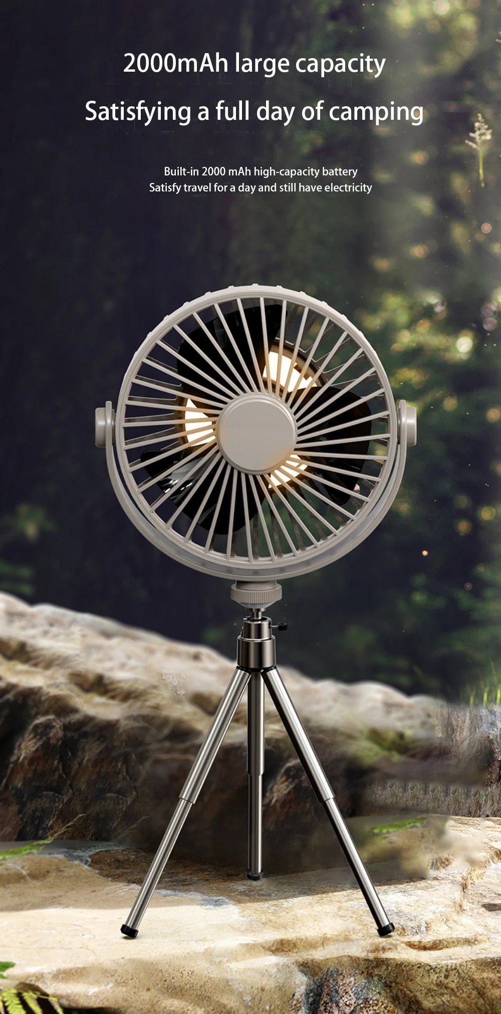 Portable Camping Electric Fan with Remote Control - USB Mini Fan with LED Light, Tripod, and Desktop
