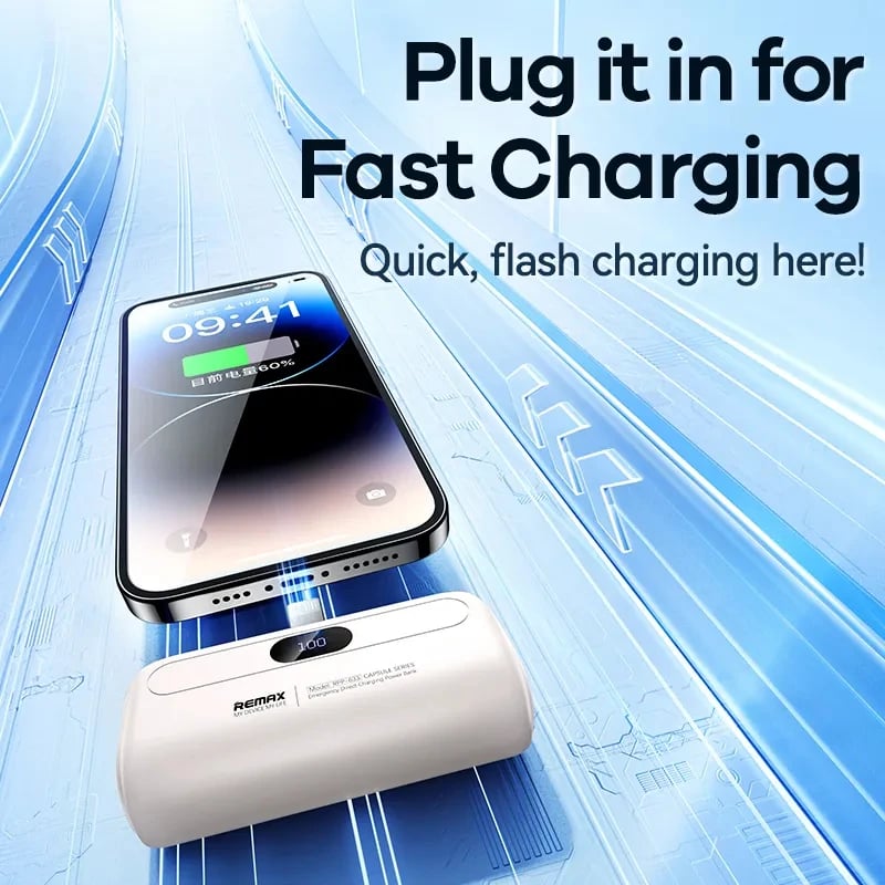 Remax Mini Power Bank 5000mAh - Built-in Cable, Portable Charger for iPhone, Emergency Power Bank