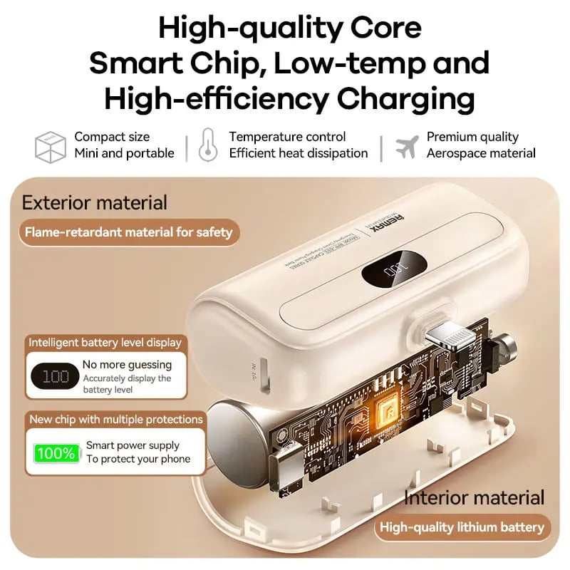 Remax Mini Power Bank 5000mAh - Built-in Cable, Portable Charger for iPhone, Emergency Power Bank