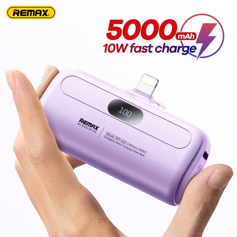 Remax Mini Power Bank 5000mAh - Built-in Cable, Portable Charger for iPhone, Emergency Power Bank