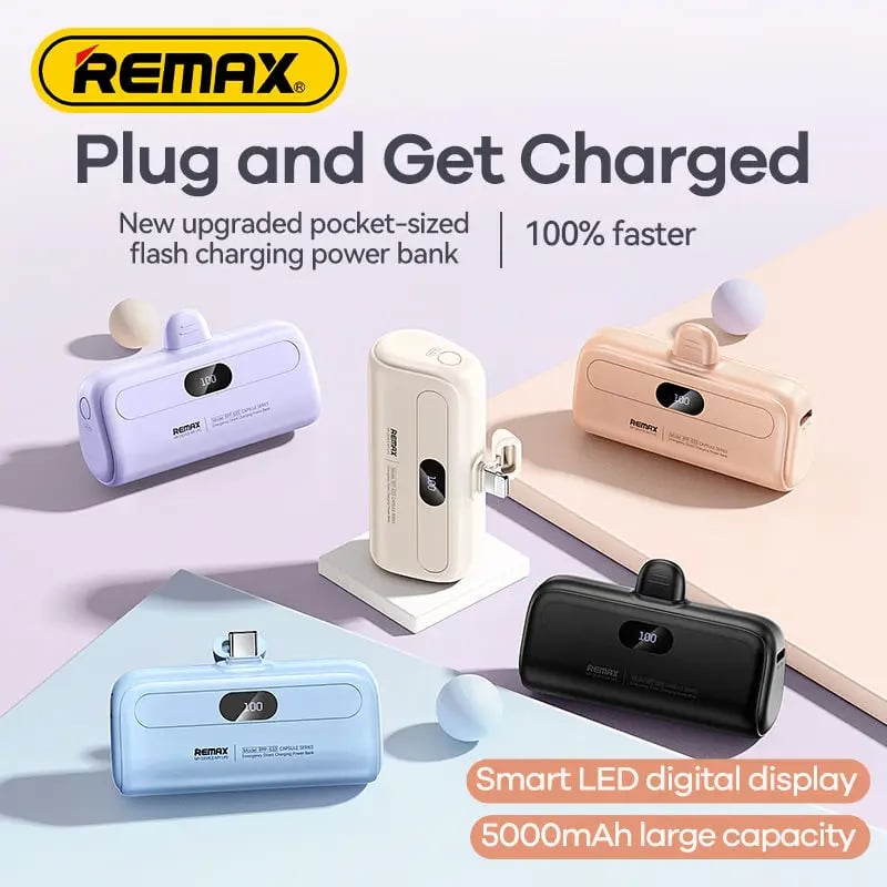 Remax Mini Power Bank 5000mAh - Built-in Cable, Portable Charger for iPhone, Emergency Power Bank