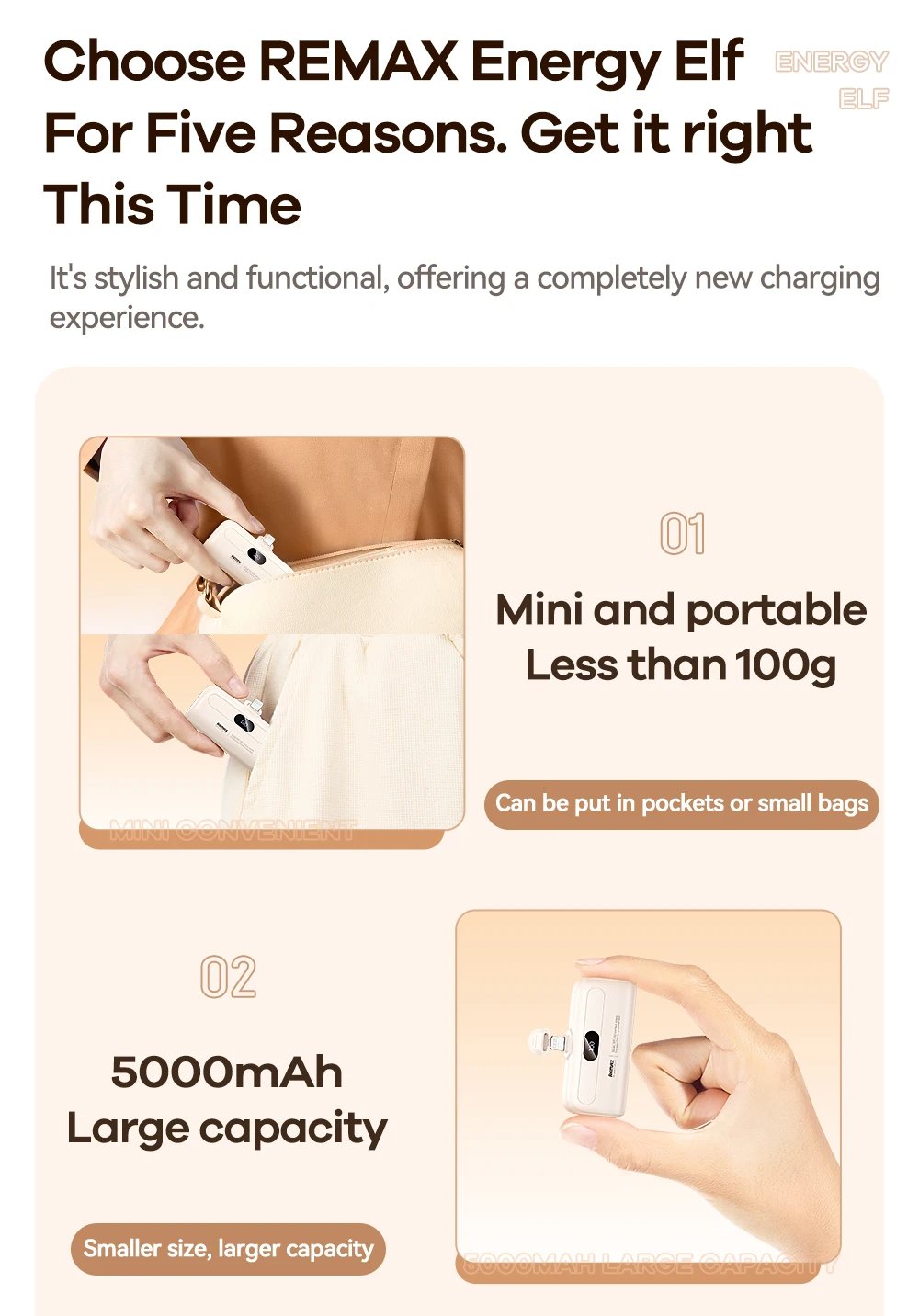 Remax Mini Power Bank 5000mAh - Built-in Cable, Portable Charger for iPhone, Emergency Power Bank