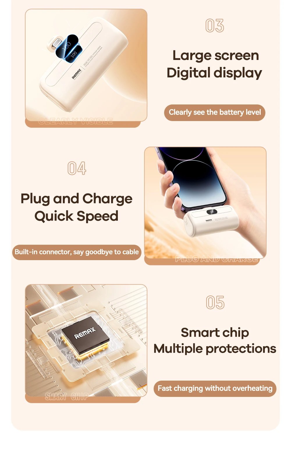 Remax Mini Power Bank 5000mAh - Built-in Cable, Portable Charger for iPhone, Emergency Power Bank