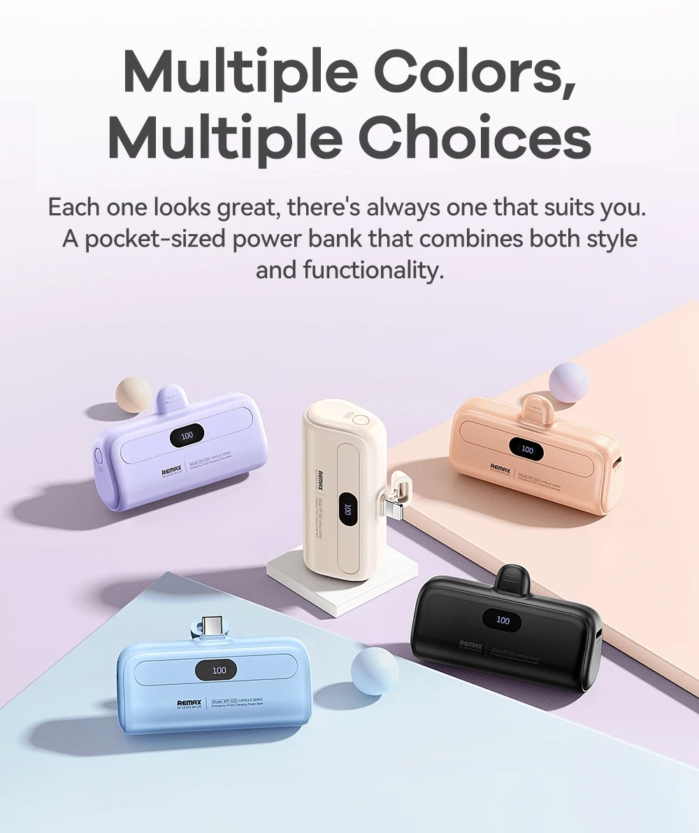 Remax Mini Power Bank 5000mAh - Built-in Cable, Portable Charger for iPhone, Emergency Power Bank