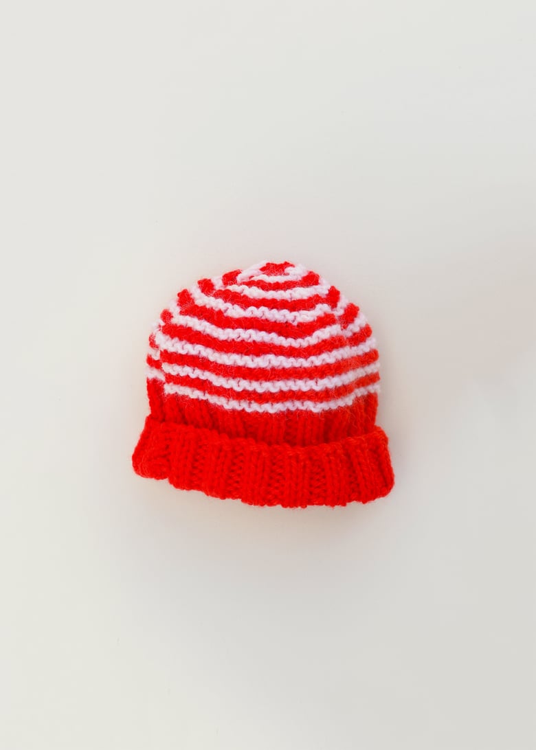 Image of Red + white striped fold up beanie