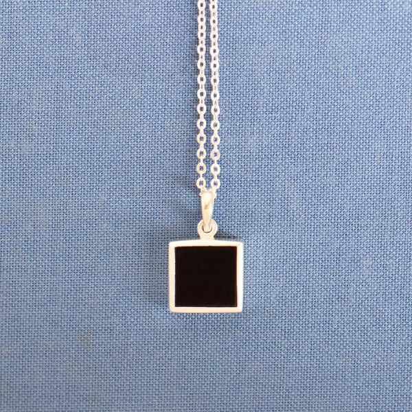 Image of Black Agate square flat cut silver necklace