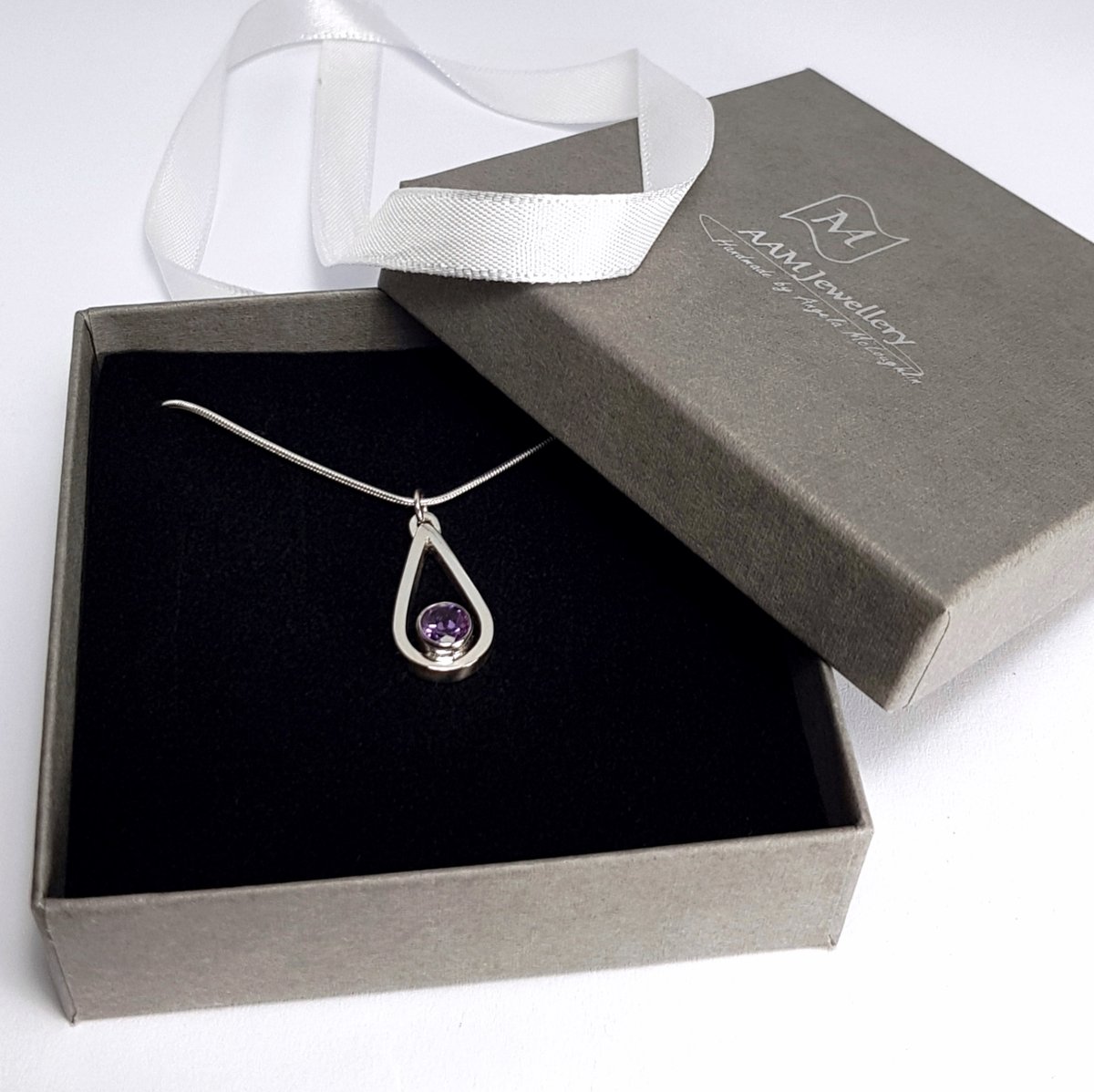 Image of Sterling Silver Amethyst Necklace, Handmade Silver Teardrop Pendant