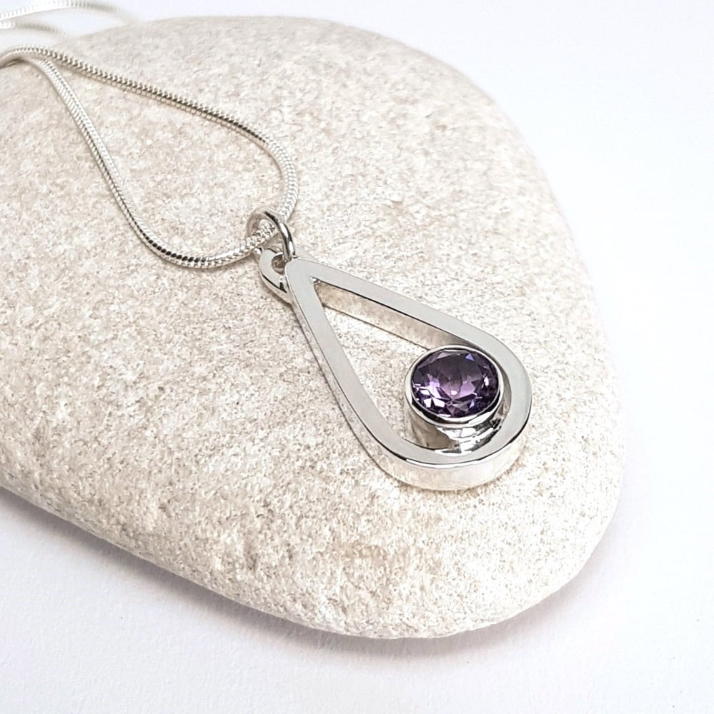 Image of Sterling Silver Amethyst Necklace, Handmade Silver Teardrop Pendant