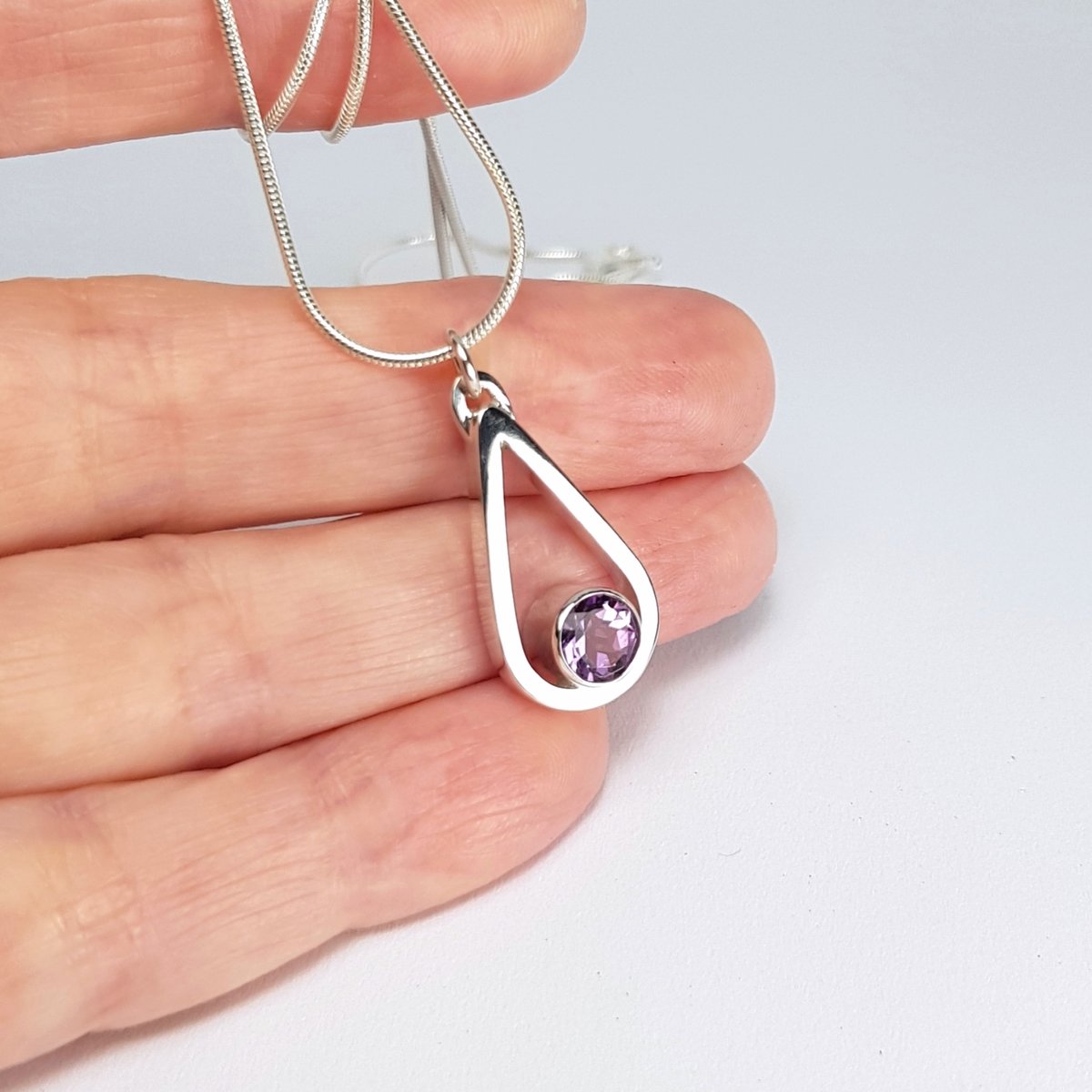 Image of Sterling Silver Amethyst Necklace, Handmade Silver Teardrop Pendant