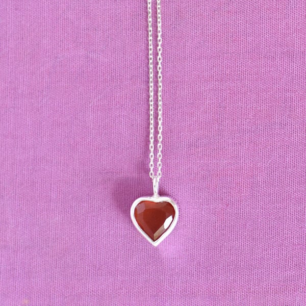 Image of Red Carnelian heart shape diamond cut silver necklace