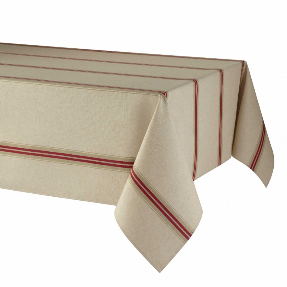 Image of Dernières Nappe Rayures Rouge Fond Lin Naturel