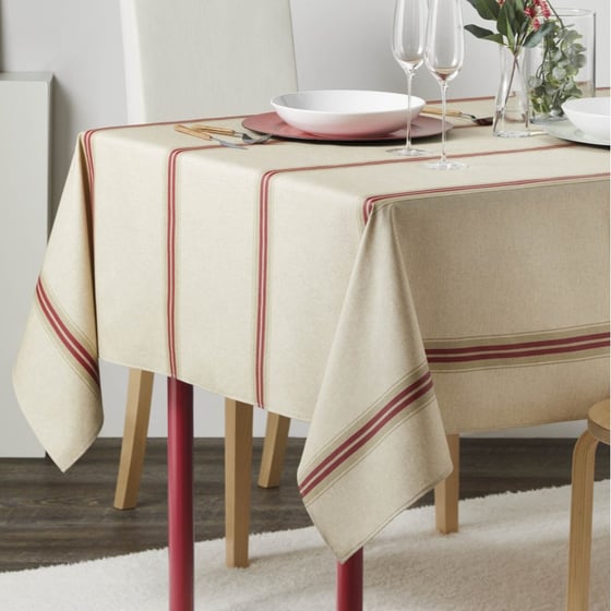 Image of Dernières Nappe Rayures Rouge Fond Lin Naturel