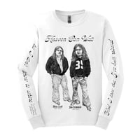 Image 1 of PREORDER: Meat and Jim Heaven Can Wait - Black on White Longsleeve T-Shirt