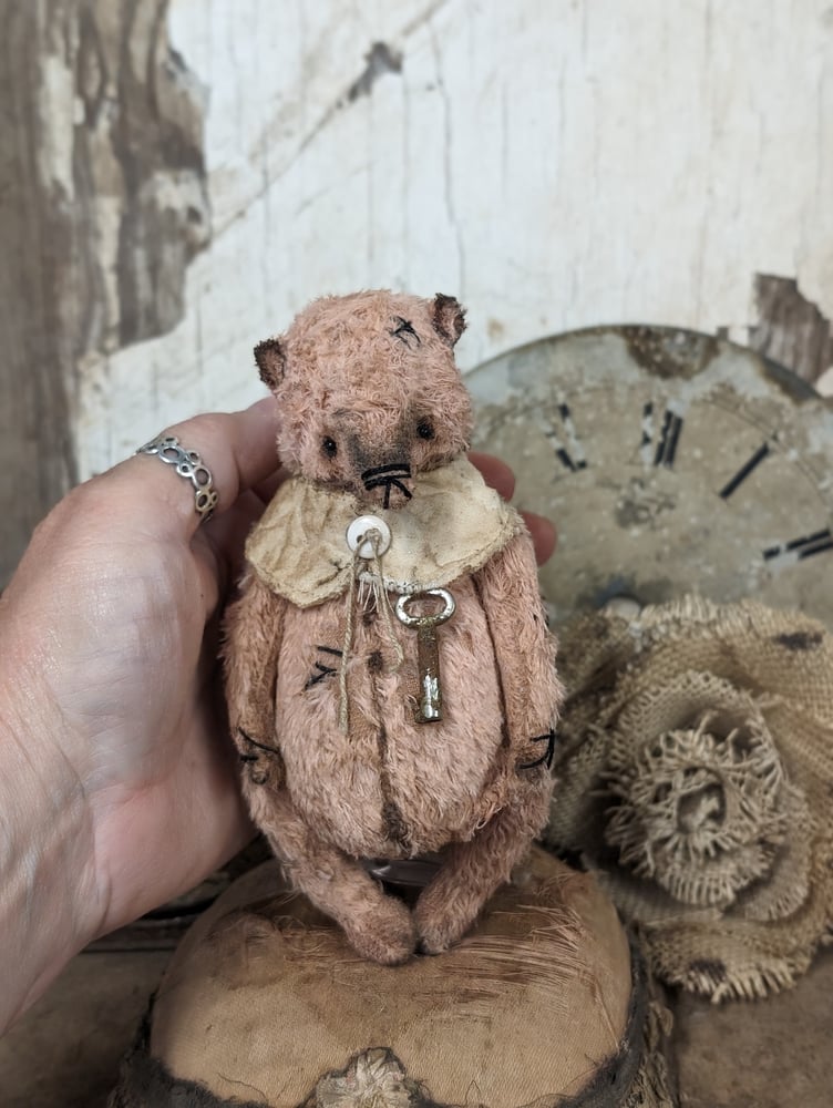 Image of 5" - Shabby Vintage Pink Teddy Bear with tiny antique skeleton key  by Whendi's Bears