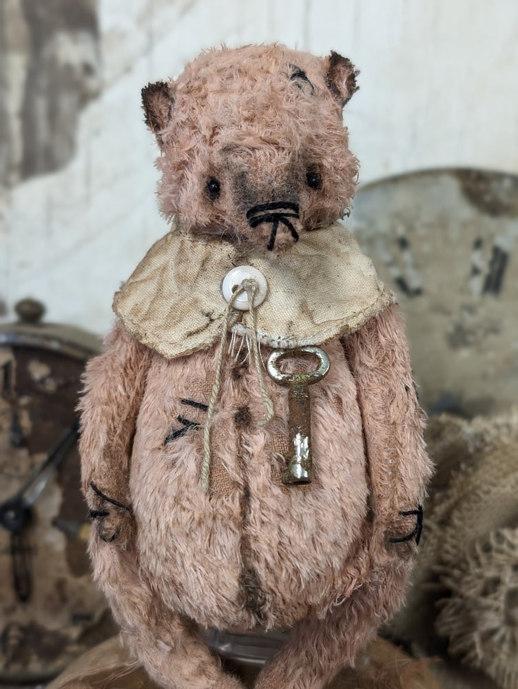 Image of 5" - Shabby Vintage Pink Teddy Bear with tiny antique skeleton key  by Whendi's Bears