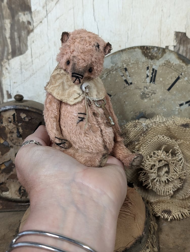 Image of 5" - Shabby Vintage Pink Teddy Bear with tiny antique skeleton key  by Whendi's Bears