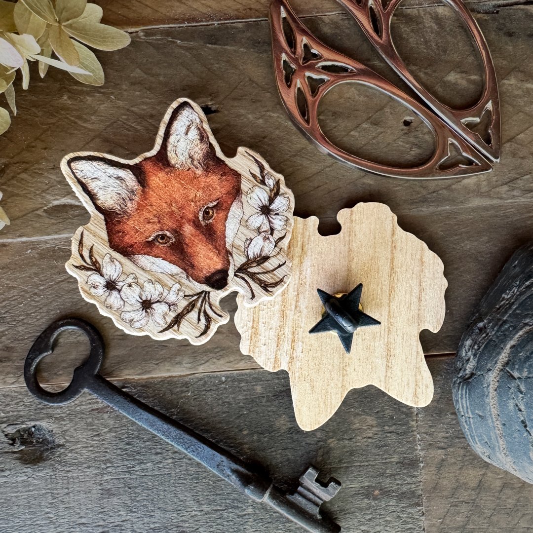 Image of Fox and Dogwoods Wooden Pin