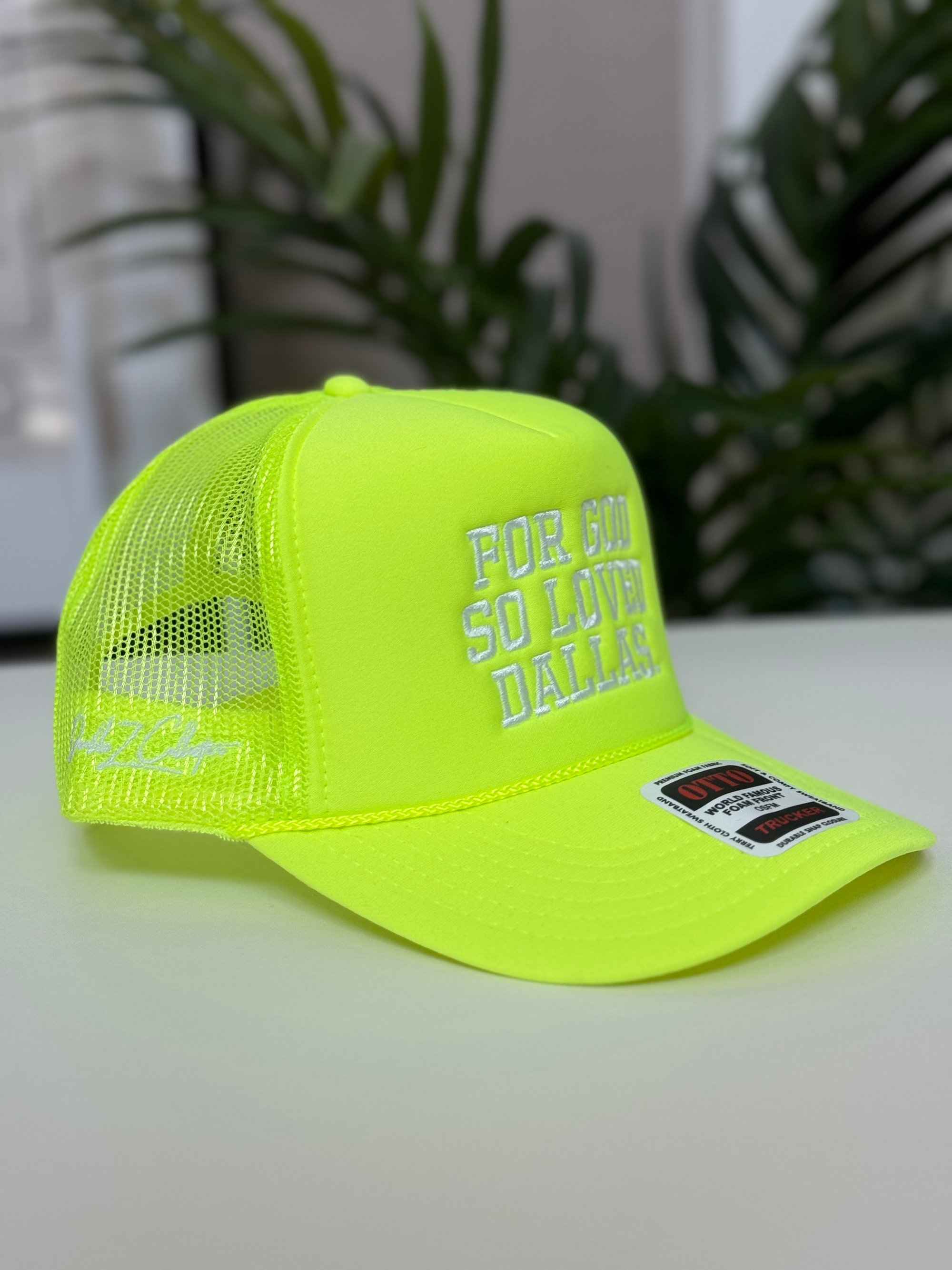 FOR GOD SO LOVED DALLAS FOAM TRUCKER HAT NEON YELLOW W WHITE EMBROIDERY Double Z Collective