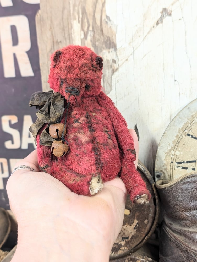 Image of 5" - old worn distressed all RED fat Teddy Bear  by whendi's bears.