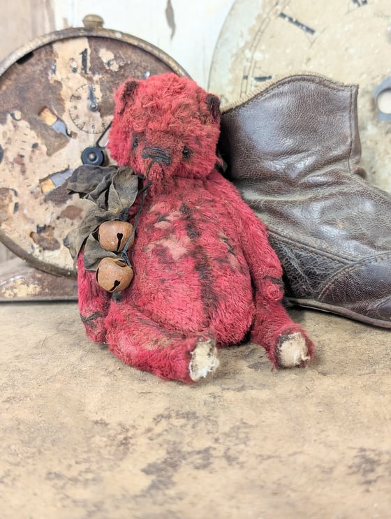 Image of 5" - old worn distressed all RED fat Teddy Bear  by whendi's bears.