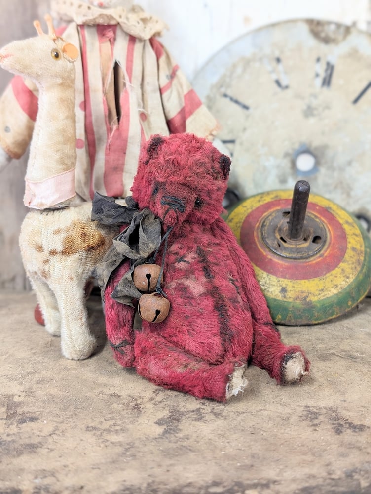 Image of 5" - old worn distressed all RED fat Teddy Bear  by whendi's bears.