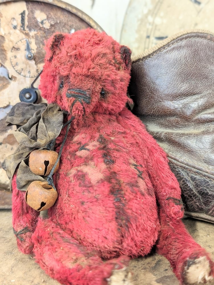 Image of 5" - old worn distressed all RED fat Teddy Bear  by whendi's bears.