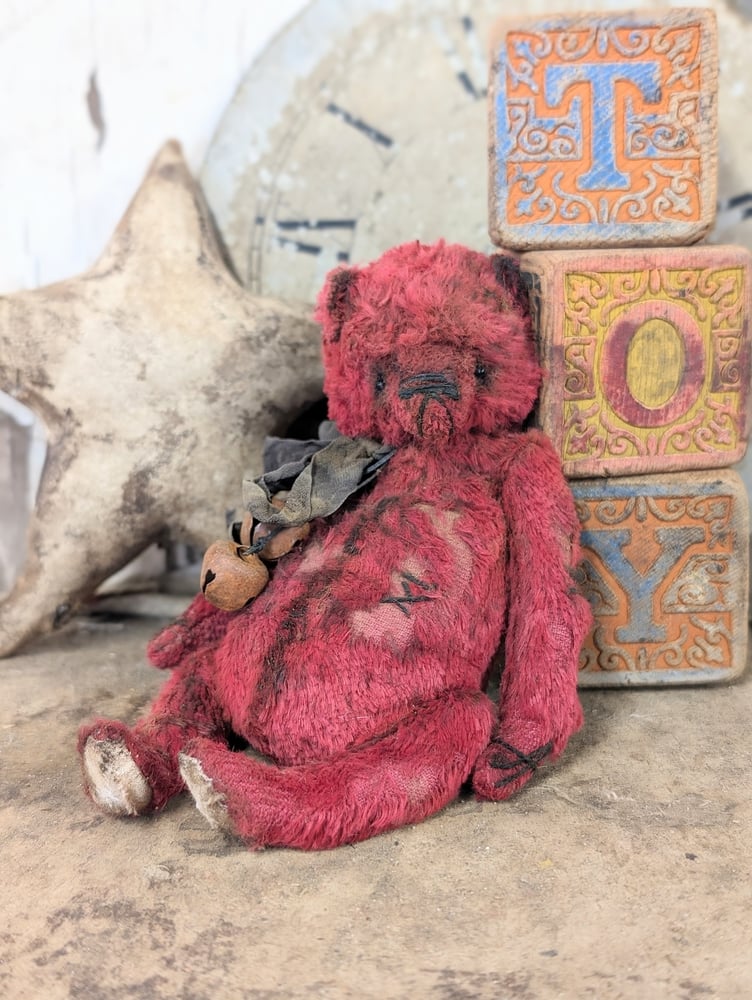 Image of 5" - old worn distressed all RED fat Teddy Bear  by whendi's bears.