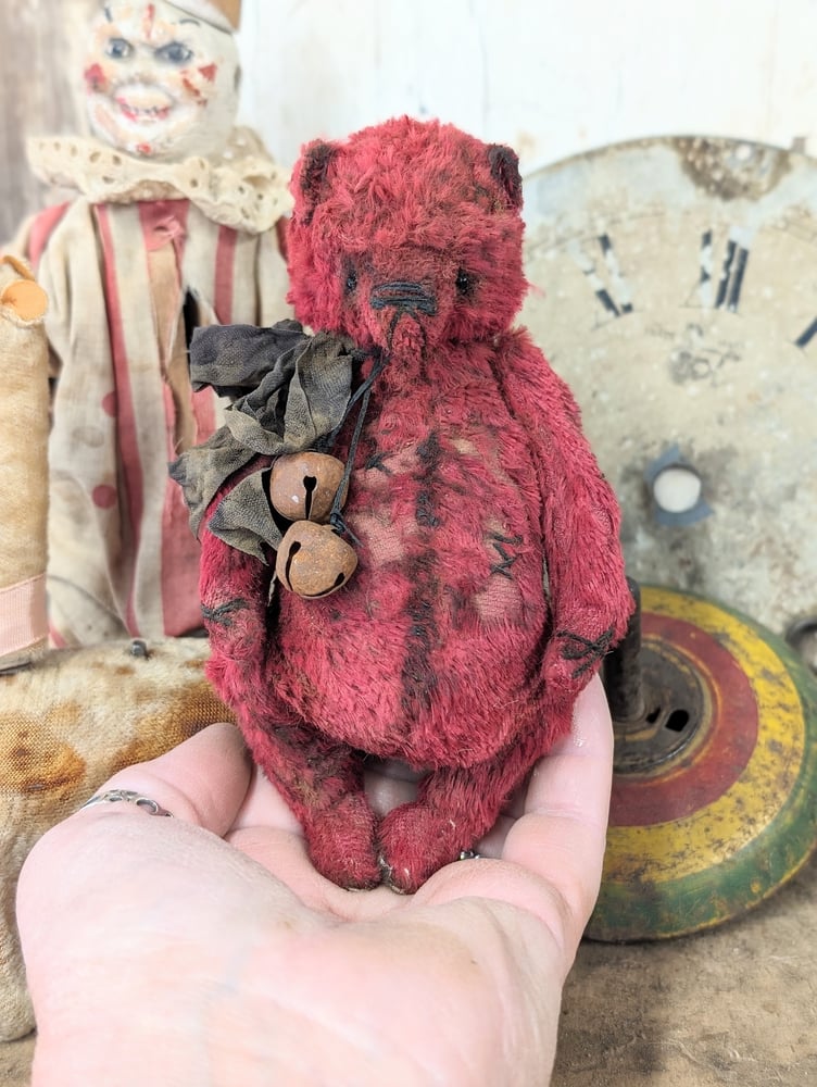 Image of 5" - old worn distressed all RED fat Teddy Bear  by whendi's bears.