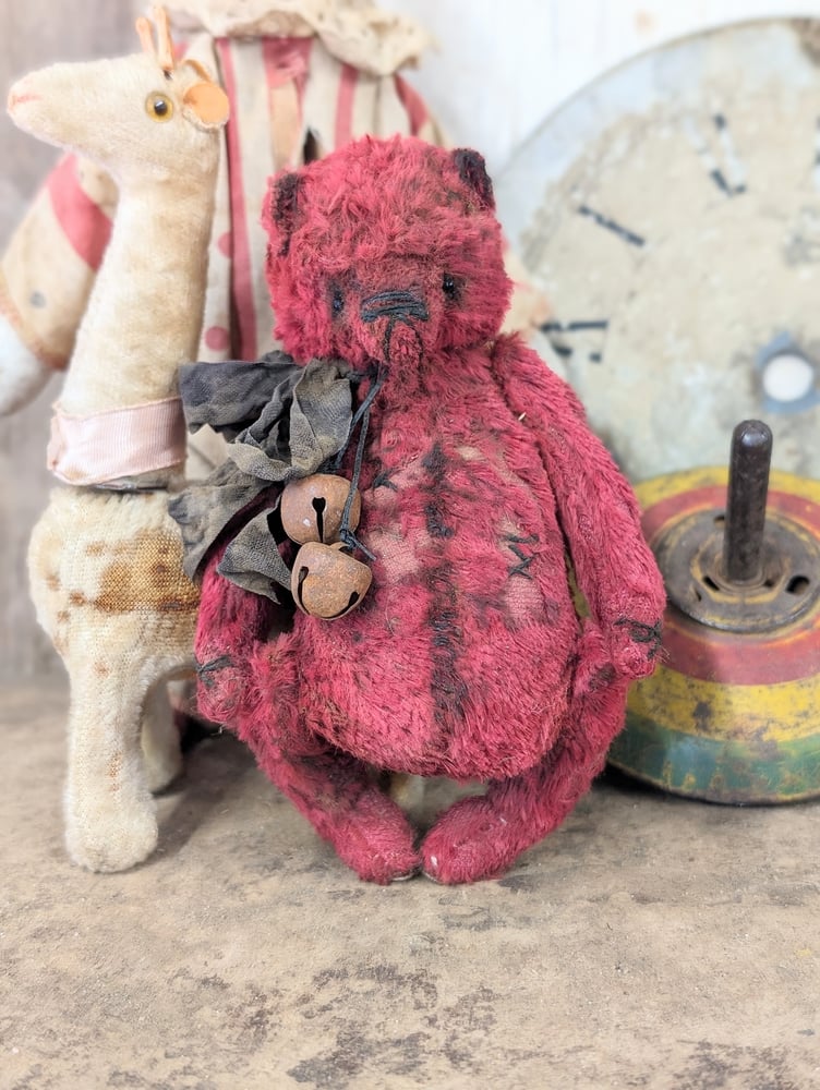 Image of 5" - old worn distressed all RED fat Teddy Bear  by whendi's bears.