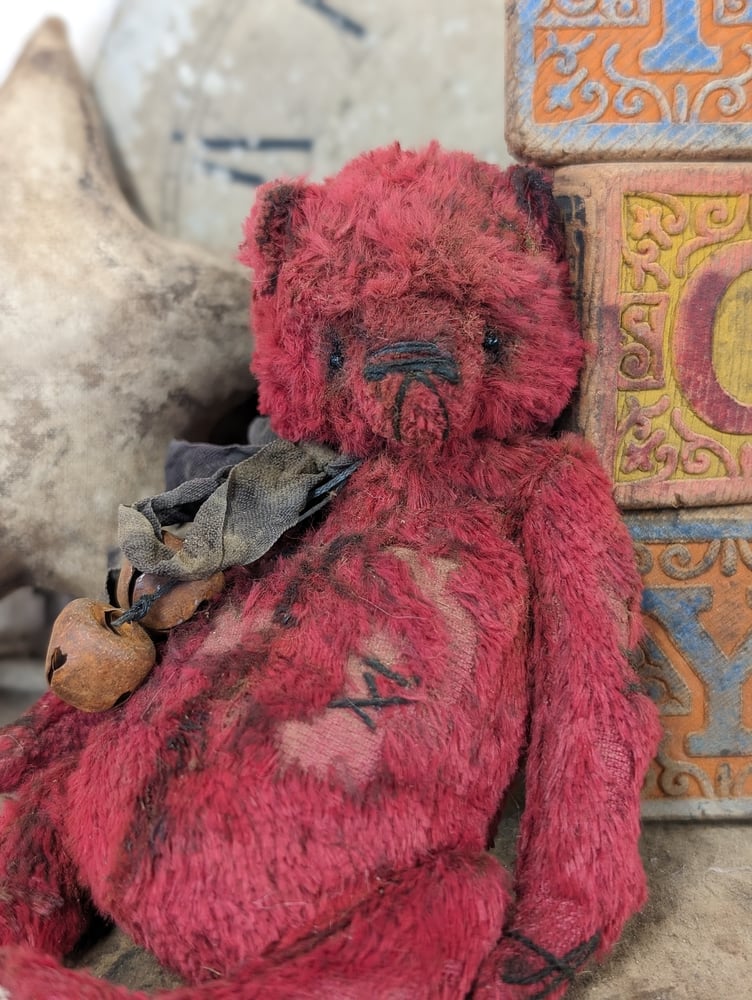 Image of 5" - old worn distressed all RED fat Teddy Bear  by whendi's bears.