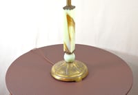 Image 10 of Art Deco Green Jadite Glass Lamp with Brown Slag Swirls, Early 1900's Lighting. #843