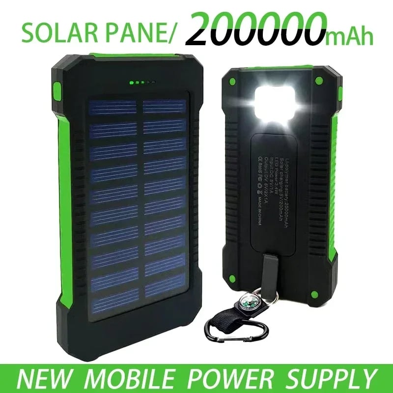 200000mAh Portable Solar Power Bank - Fast Charging, Waterproof with SOS Flashlight