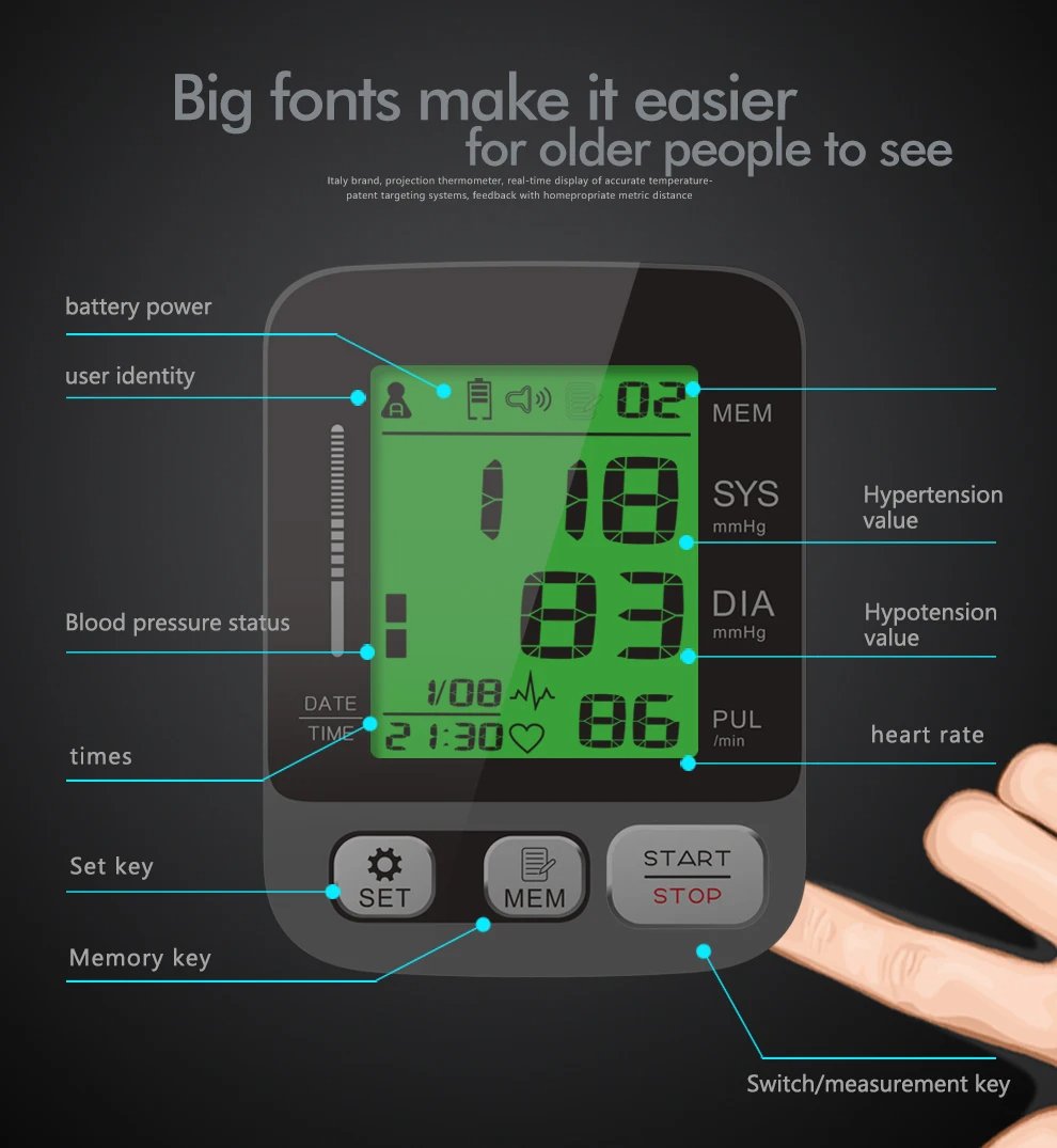 Digital LCD Blood Pressure Monitor - Heart Rate, Large Cuff, Portable