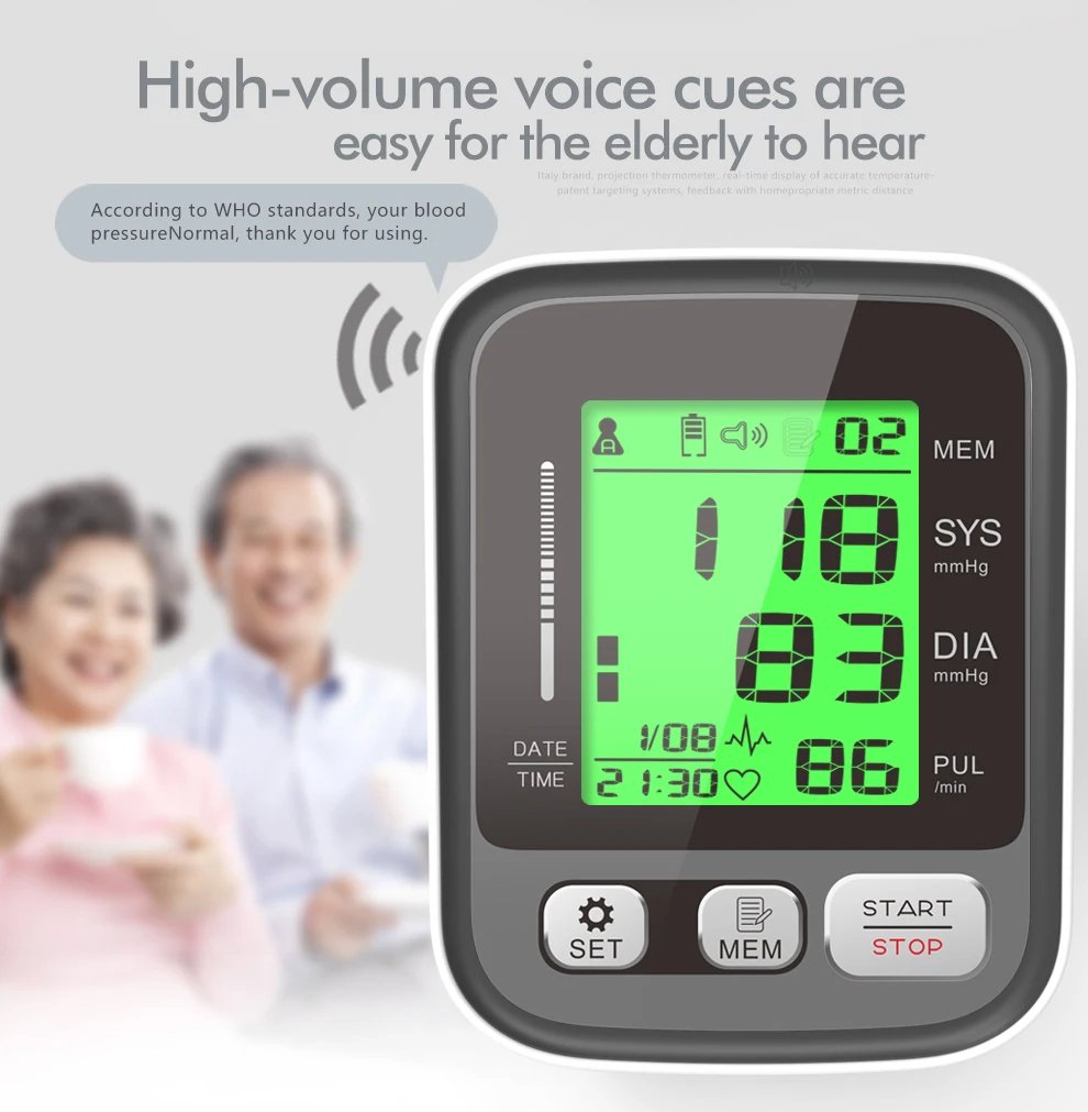 Digital LCD Blood Pressure Monitor - Heart Rate, Large Cuff, Portable