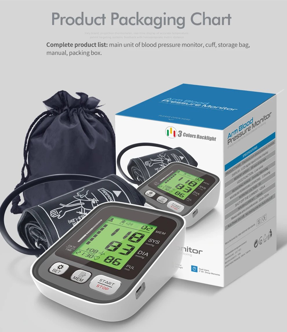 Digital LCD Blood Pressure Monitor - Heart Rate, Large Cuff, Portable