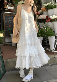 White Midi Dress Women Boho Lace Jacquard High Waist Sleeveless Ruffles Dress